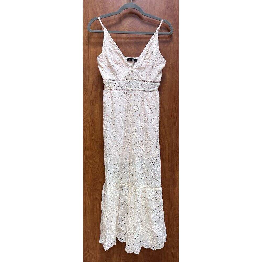 Sexy Eyelet V Neck Cotton Maxi Dress Pearl Buttons Boho Romantic Cottagecore Med - Picture 1 of 8